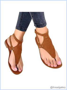 Gladiator Thong Sandals for Women Flat Beach Buckle Ankle Strap